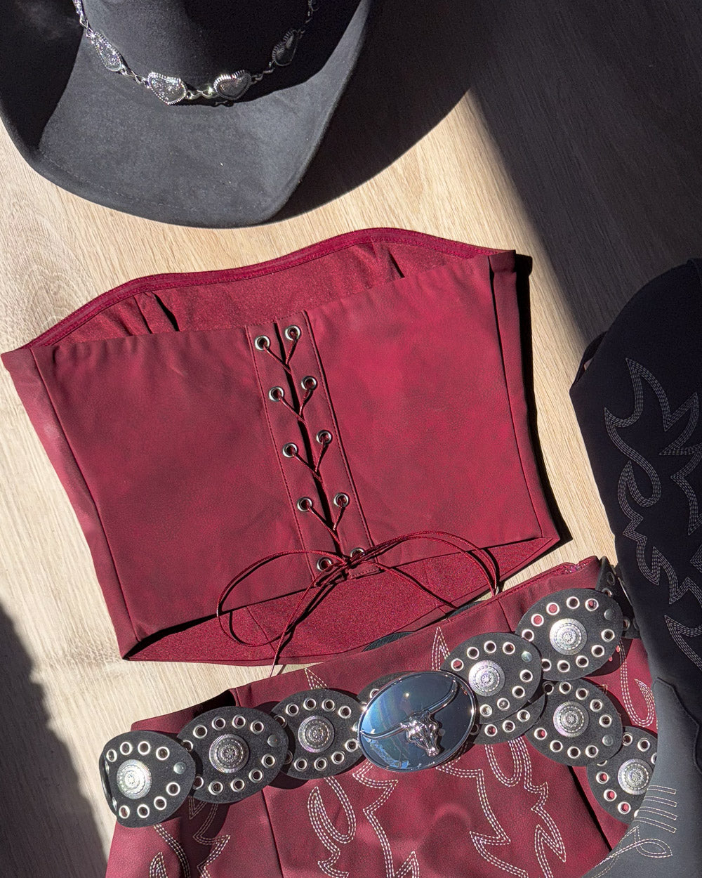 Dark Red Faux Leather Embroidered Western Cowboy Corset Top