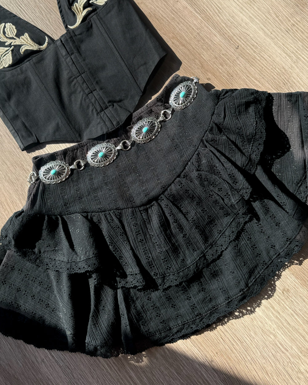 Honeysuckle Black Cotton Tiered Lace Mini Skirt