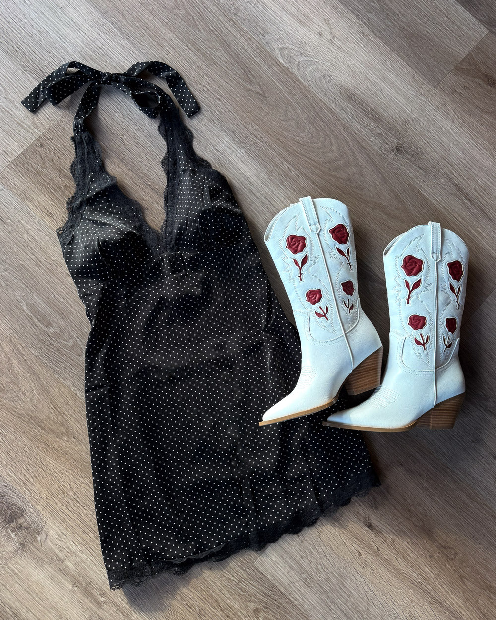 Lila Black And White Polka Dot Lace Trim A-Line Halter Mini Dress
