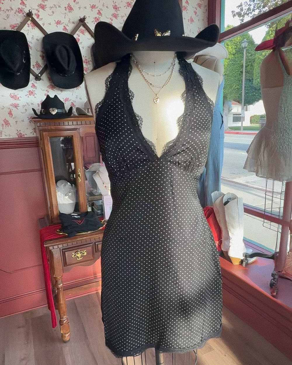 Lila Black And White Polka Dot Lace Trim A-Line Halter Mini Dress