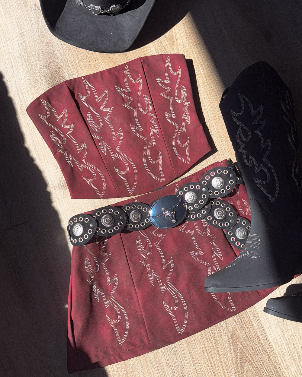 Dark Red Faux Leather Embroidered Western Cowboy Corset Top