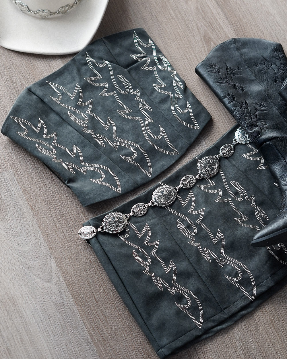 Amara Black Faux Leather Western Embroidered Mini Skirt - Cindy Jane Boutique - Skirts