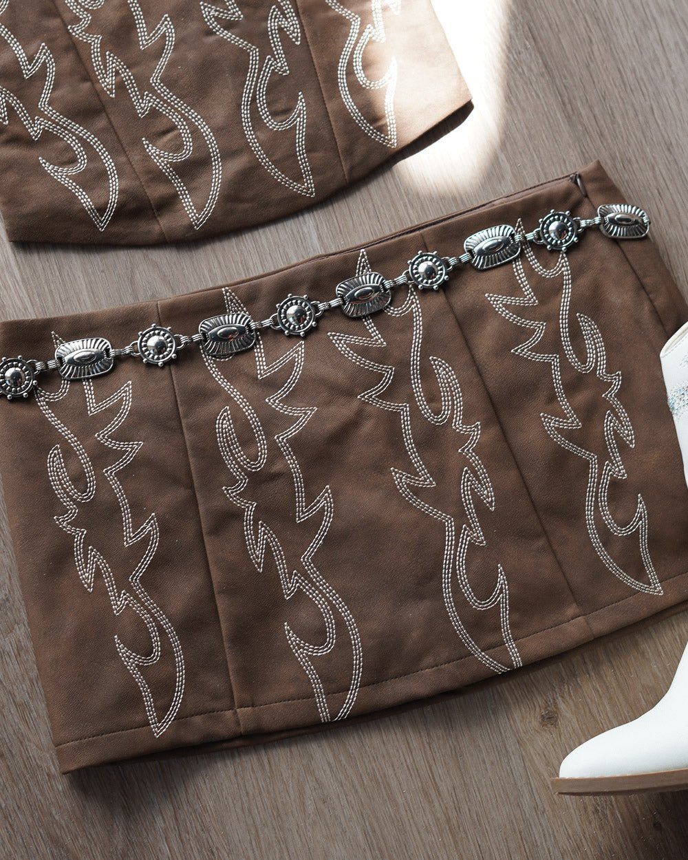 Amara Brown Faux Leather Western Embroidered Mini Skirt - Cindy Jane Boutique - Skirts