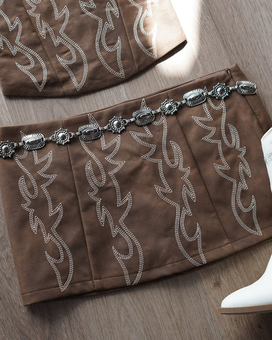 Amara Brown Faux Leather Western Embroidered Mini Skirt - Cindy Jane Boutique - Skirts