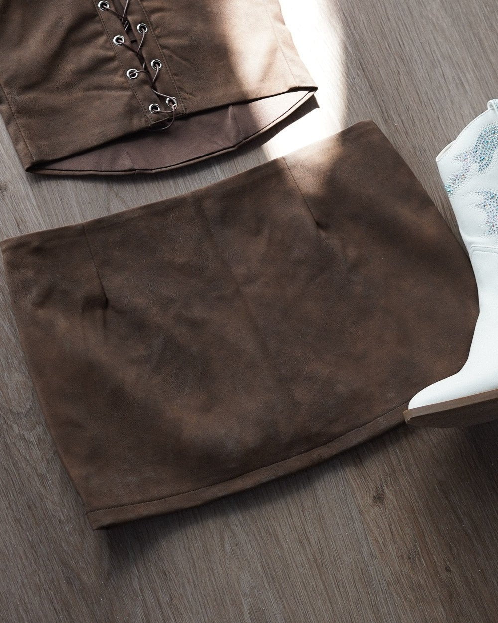 Amara Brown Faux Leather Western Embroidered Mini Skirt - Cindy Jane Boutique - Skirts