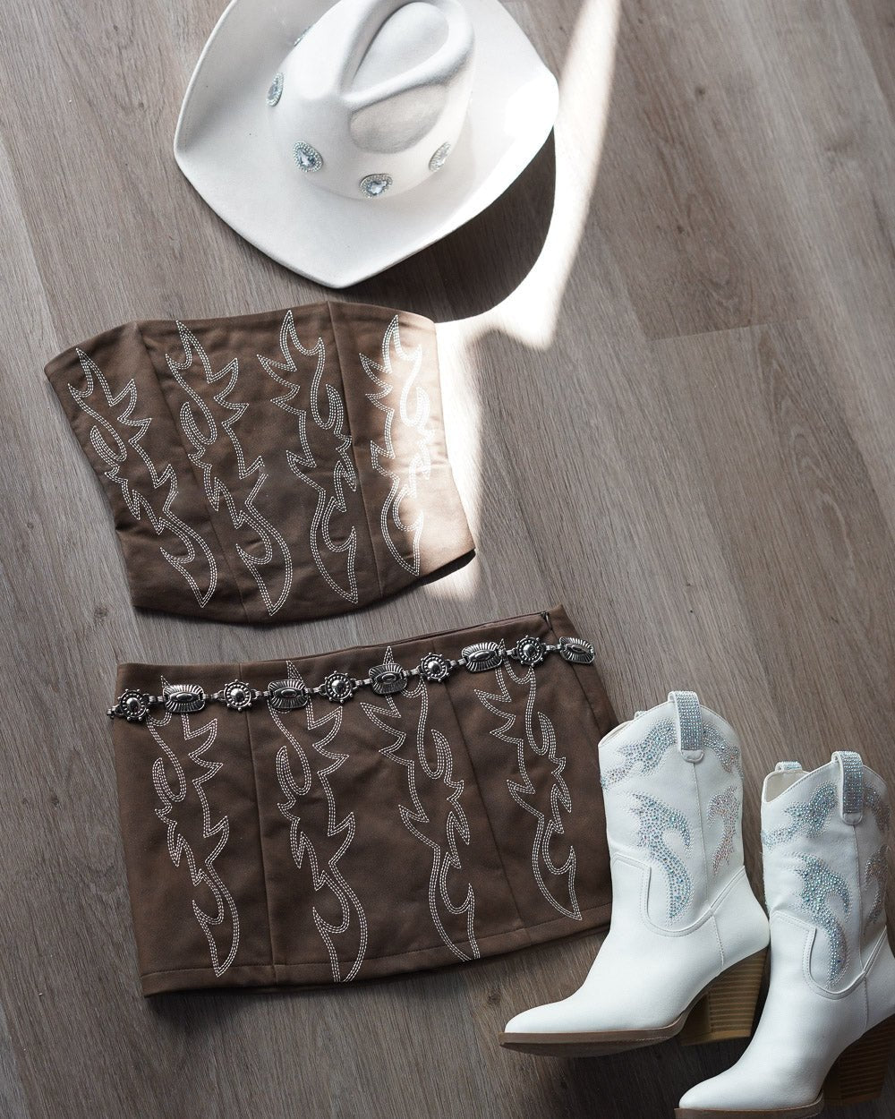 Amara Brown Faux Leather Western Embroidered Mini Skirt - Cindy Jane Boutique - Skirts
