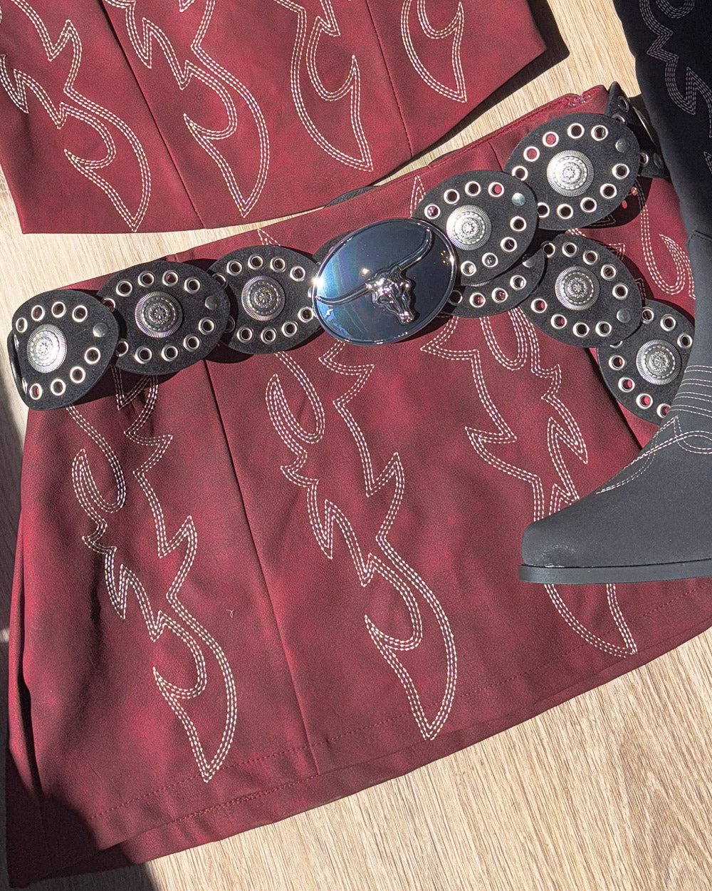 Amara Dark Red Faux Leather Western Embroidered Mini Skirt - Cindy Jane Boutique - Skirts
