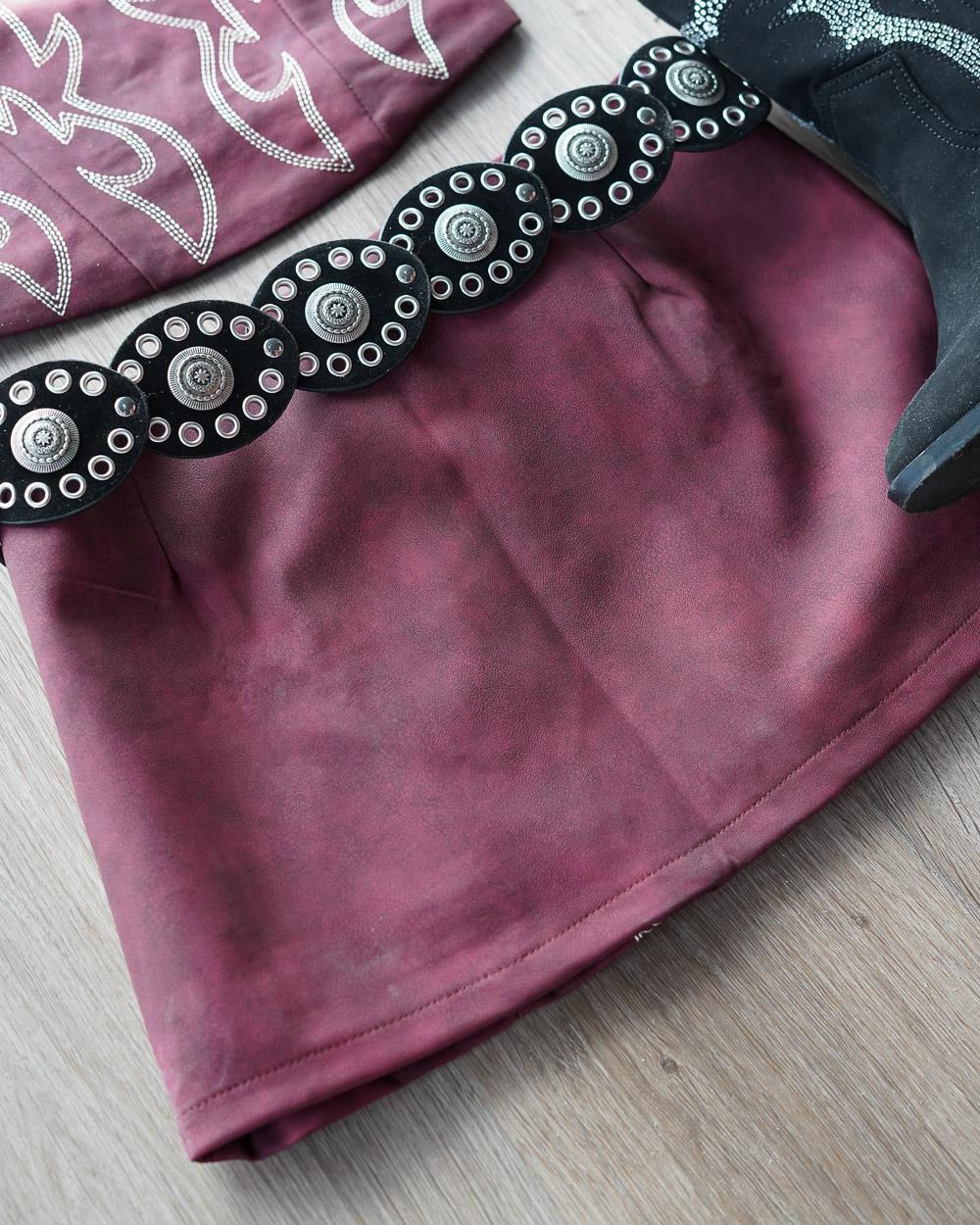 Amara Dark Red Faux Leather Western Embroidered Mini Skirt - Cindy Jane Boutique - Skirts