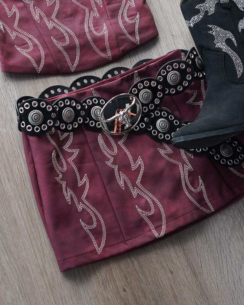 Amara Dark Red Faux Leather Western Embroidered Mini Skirt - Cindy Jane Boutique - Skirts