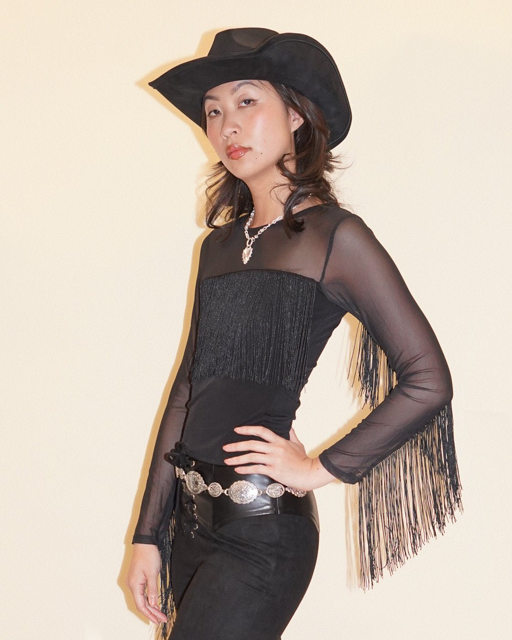 Annie Black Mesh Long Sleeve Western Fringe Top - Cindy Jane Boutique - Long Sleeve Tops