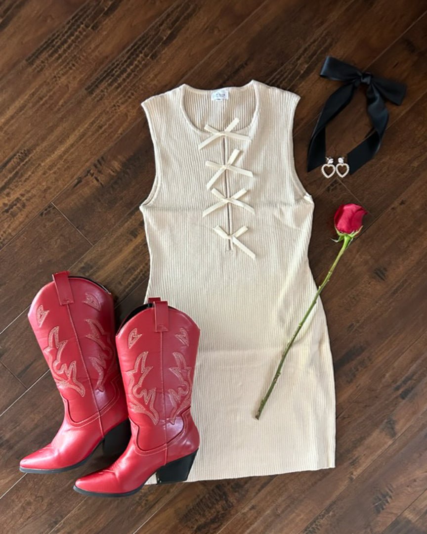 Beige Coquette Ribbed Knit Bow Detail Sleeveless Bodycon Dress - Cindy Jane Boutique - Short Dresses