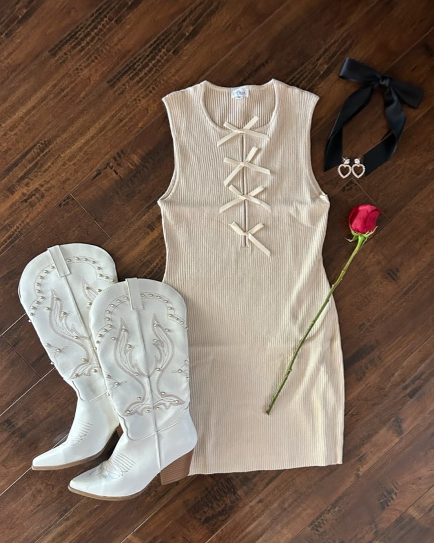 Beige Coquette Ribbed Knit Bow Detail Sleeveless Bodycon Dress Cindy Jane Boutique Beige Coquette Ribbed Knit Bow Detail Sleeveless Bodycon Dress Cindy Jane Boutique
