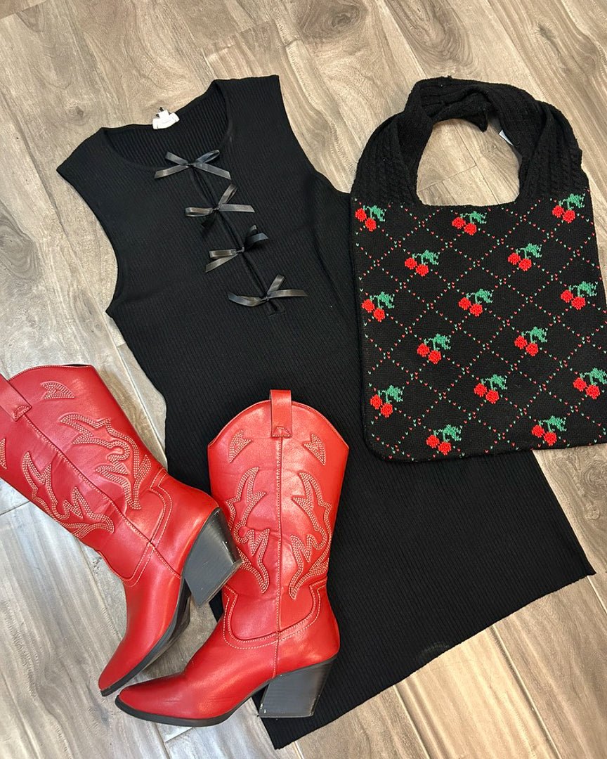 Black Coquette Ribbed Knit Bow Front Sleeveless Mini Dress Cindy Jane Boutique Black Coquette Ribbed Knit Bow Front Sleeveless Mini Dress Cindy Jane Boutique