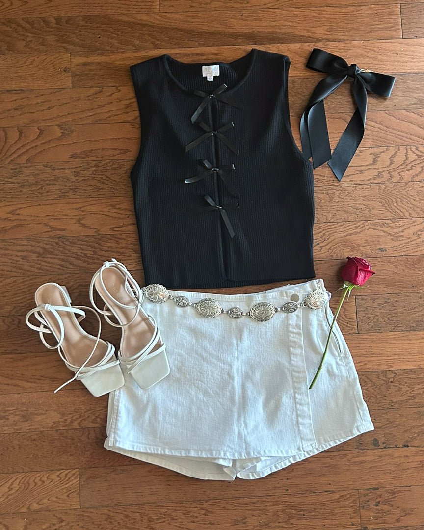 Black Coquette Ribbed Knit Tie Front Sleeveless Tank Top - Cindy Jane Boutique - Tanks, Camis & Tube Tops