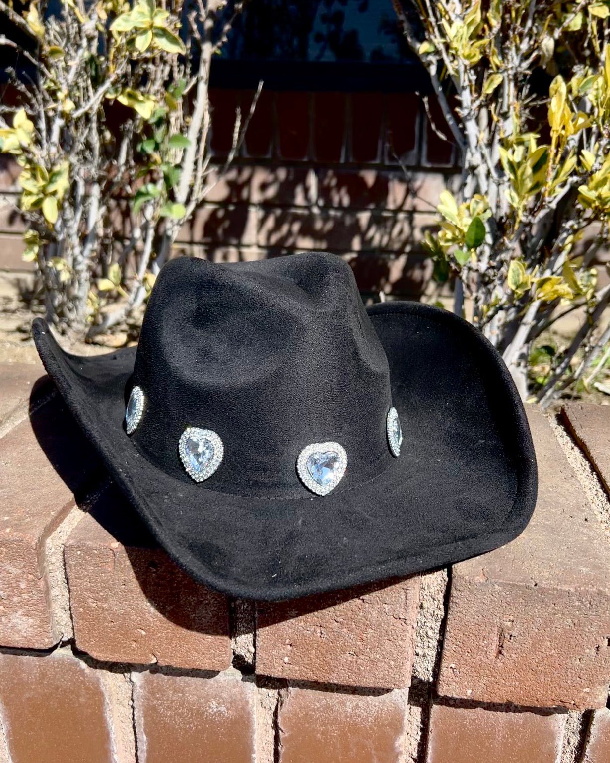 Black Faux Suede Heart Jeweled Cowgirl Hat - Cindy Jane Boutique - Hats