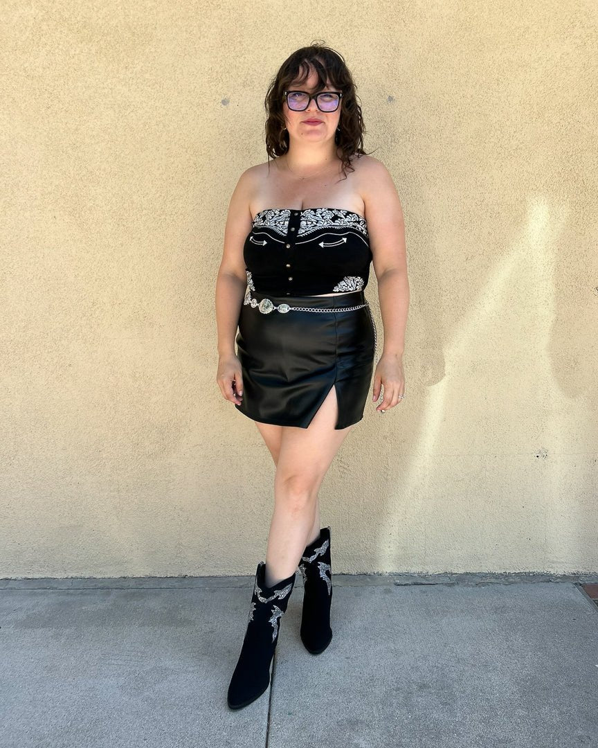 Black Faux Suede Western Embroidered Strapless Corset Top - Cindy Jane Boutique - Tanks, Camis & Tube Tops