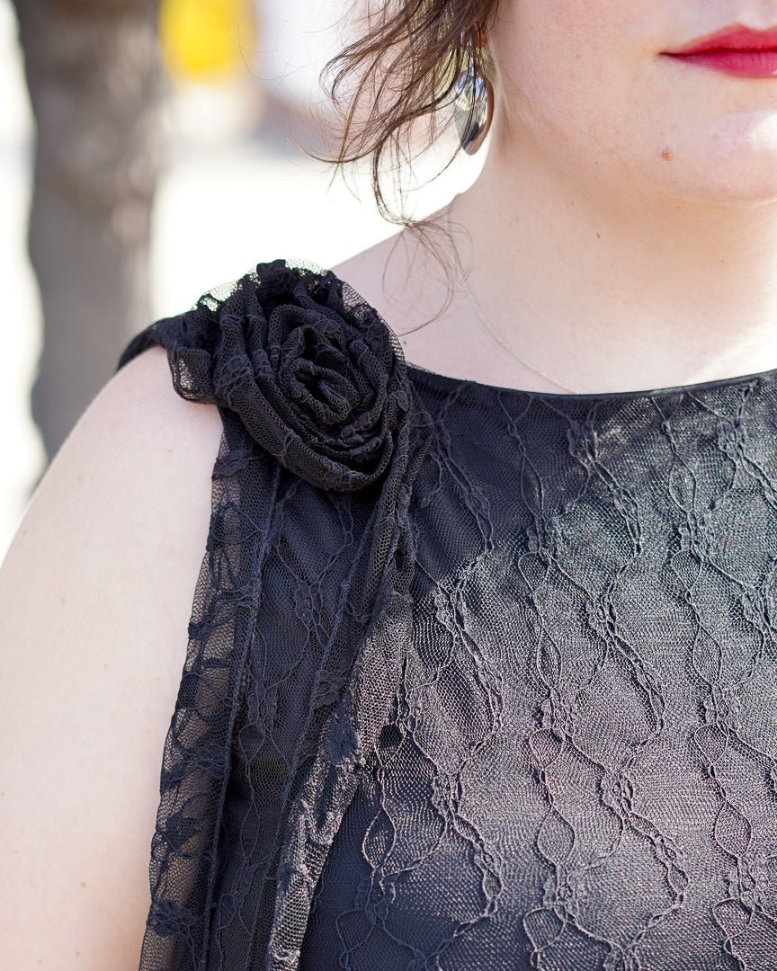 Black Lace Open Back Mini Dress with Rosette - Cindy Jane Boutique - Short Dresses