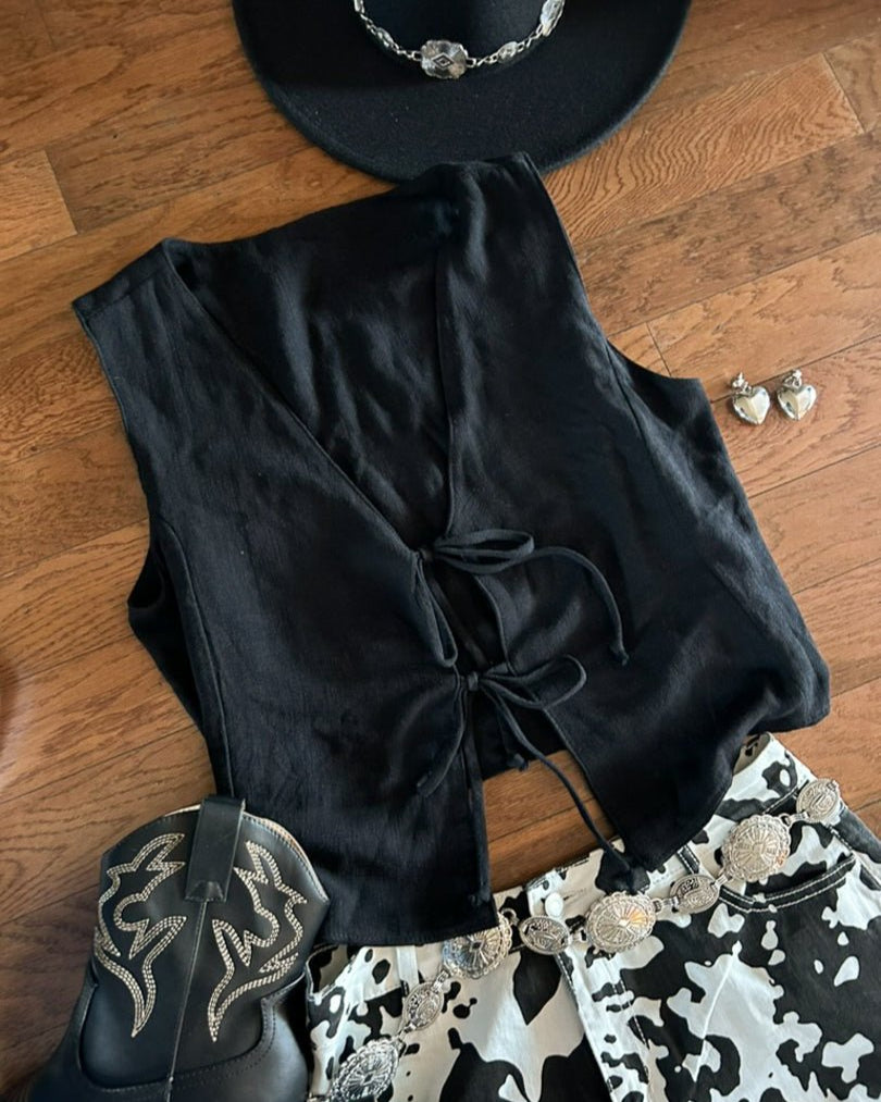 Black Linen Tie Front Vest Top - Cindy Jane Boutique - Tanks, Camis & Tube Tops