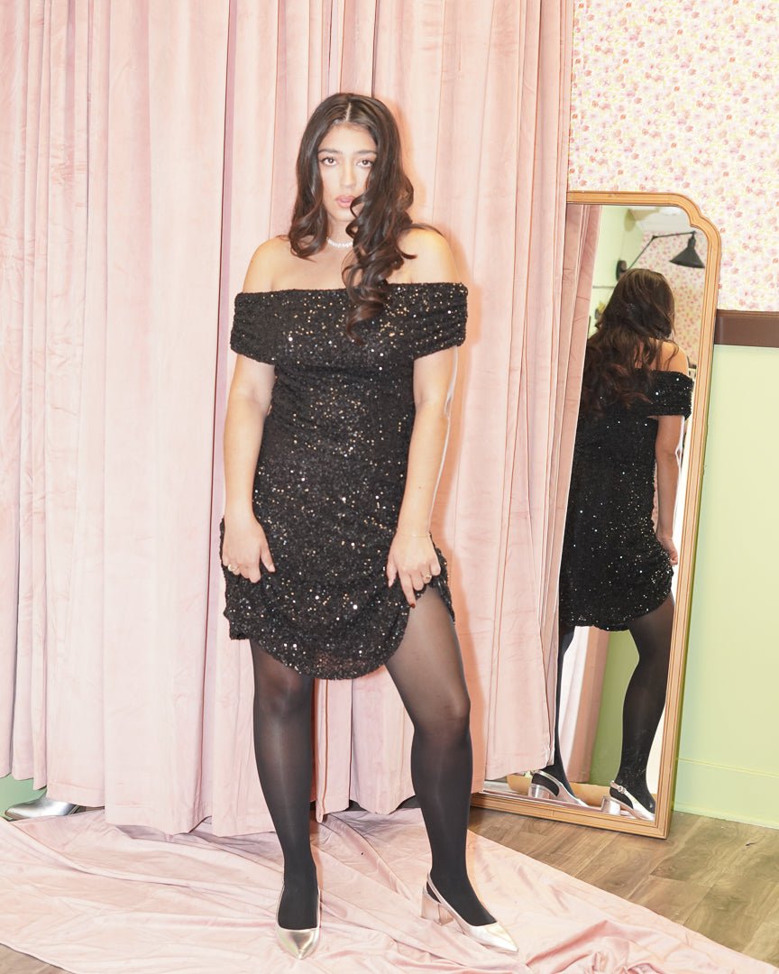 Black Off Shoulder Ruched Sequin Mini Dress