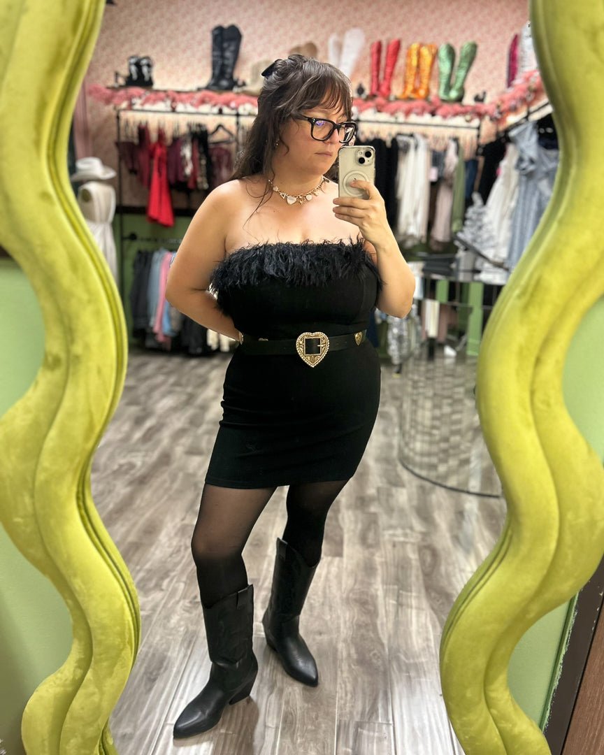 Black Strapless Tube Bodycon Dress With Faux Fur Fringe - Cindy Jane Boutique - Short Dresses