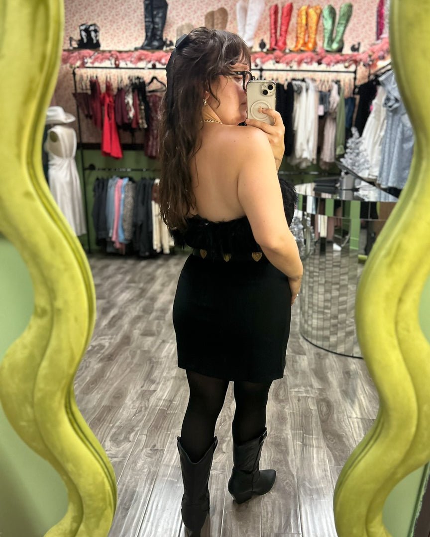 Black Strapless Tube Bodycon Dress With Faux Fur Fringe - Cindy Jane Boutique - Short Dresses