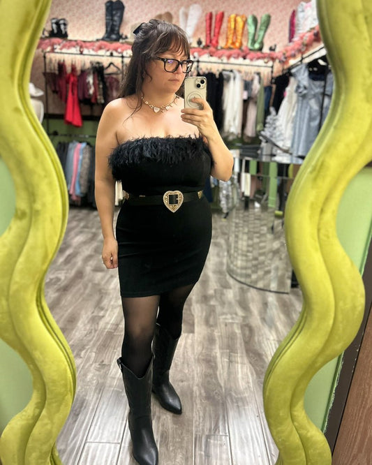 Black Strapless Tube Bodycon Dress With Faux Fur Fringe - Cindy Jane Boutique - Short Dresses