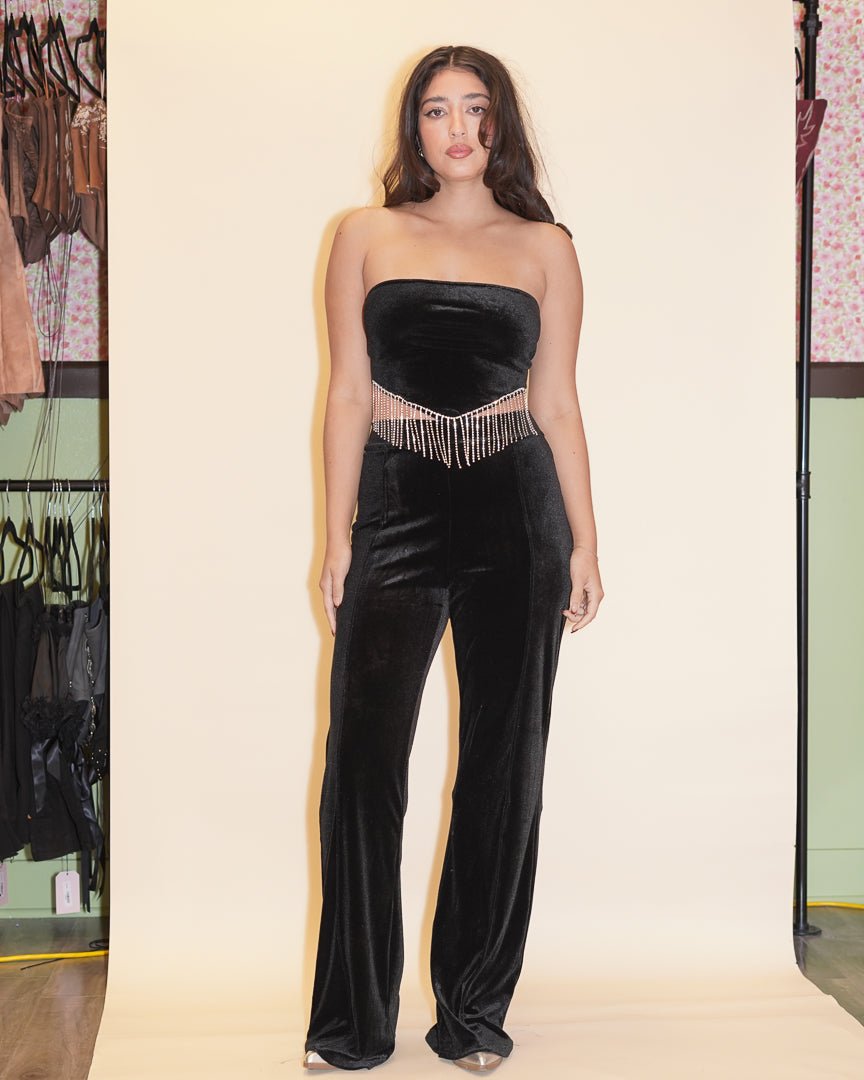 Black Velvet Rhinestone Fringe Strapless Top And Flare Pants Set - Cindy Jane Boutique - Two Piece Sets