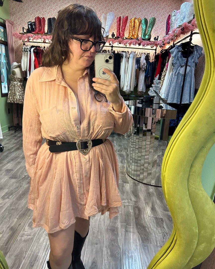 Blush Semi-Sheer Wide Sweep Paneled Gauze Shirt Dress Blush Semi-Sheer Wide Sweep Paneled Gauze Shirt Dress