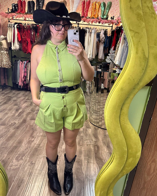Brat Summer Lime Green Denim Pleated Collared Backless Romper - Cindy Jane Boutique - Rompers