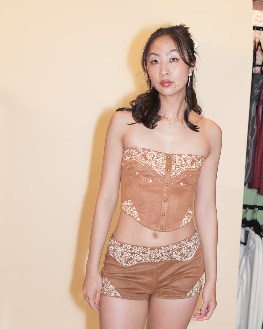 Brown Faux Suede Western Embroidered Shorts - Cindy Jane Boutique - Shorts