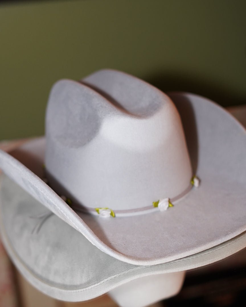 Budding Romance Light Grey Western Cowboy Hat With Ivory Rose Band - Cindy Jane Boutique - Hats