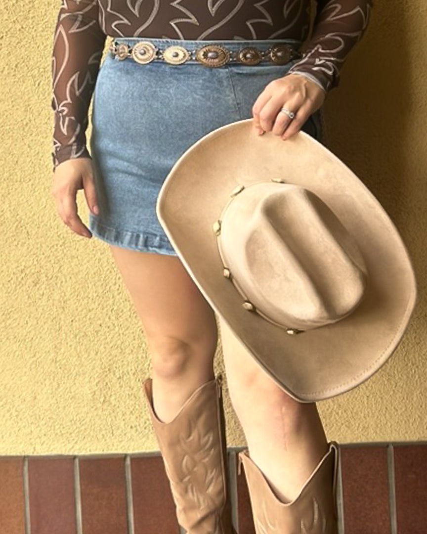 Budding Romance Taupe Western Cowboy Hat With Ivory Rose Band - Cindy Jane Boutique - Hats