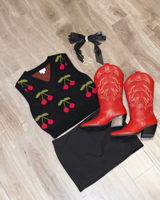 Cherry Charm Black V - Neck Cropped Sweater Vest - Cindy Jane Boutique - Tanks, Camis & Tube Tops