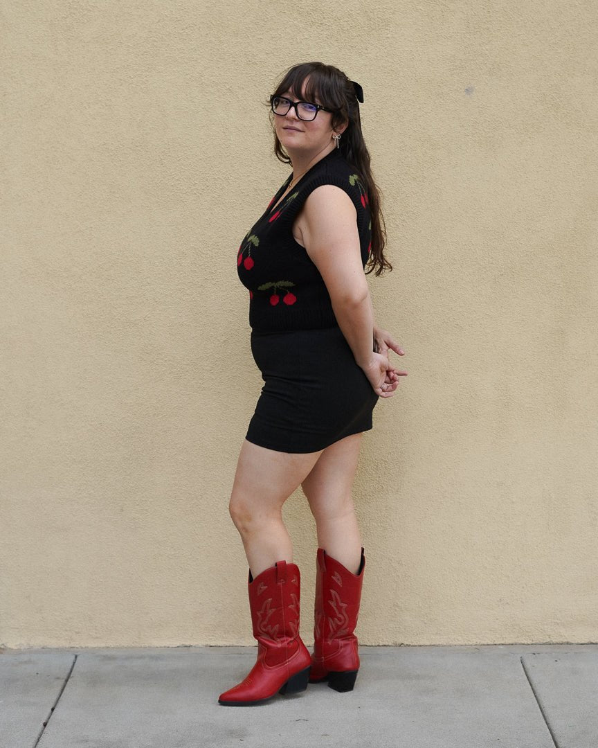 Cherry Charm Black V - Neck Cropped Sweater Vest - Cindy Jane Boutique - Tanks, Camis & Tube Tops