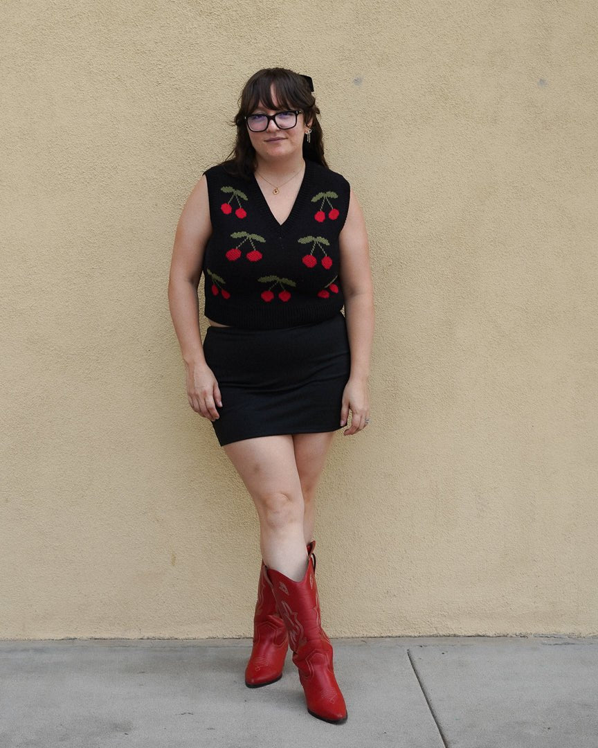 Cherry Charm Black V - Neck Cropped Sweater Vest - Cindy Jane Boutique - Tanks, Camis & Tube Tops