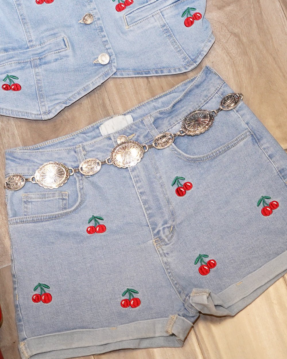 Cherry On Top Light Wash Cherry Embroidered Denim Shorts - Cindy Jane Boutique - Shorts