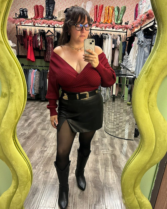 Cheyenne Wine Red Off Shoulder Surplice Ribbed Sweater Top - Cindy Jane Boutique - Sweaters & Cardigans