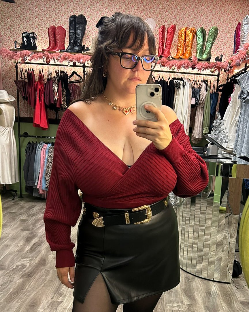 Cheyenne Wine Red Off Shoulder Surplice Ribbed Sweater Top - Cindy Jane Boutique - Sweaters & Cardigans