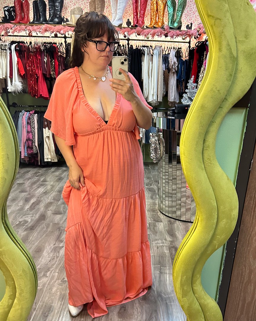 Coral Flutter Sleeve Plunging Maxi Dress - Cindy Jane Boutique - Maxi Dresses