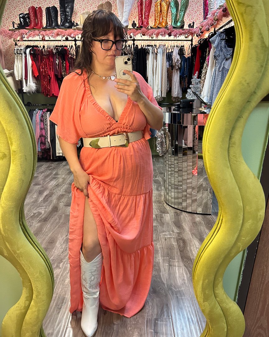 Coral Flutter Sleeve Plunging Maxi Dress Cindy Jane Boutique Coral Flutter Sleeve Plunging Maxi Dress Cindy Jane Boutique