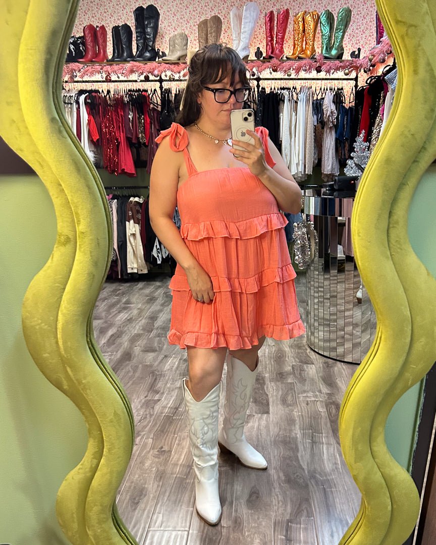 swing mini dress Sleeveless Ruffle Trim 32in Medium Coral Tie Strap Tiered Swing