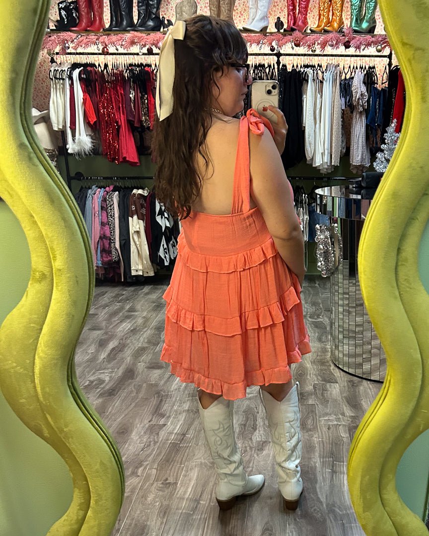Coral Tie Strap Tiered Swing Mini Dress - Cindy Jane Boutique - Short Dresses