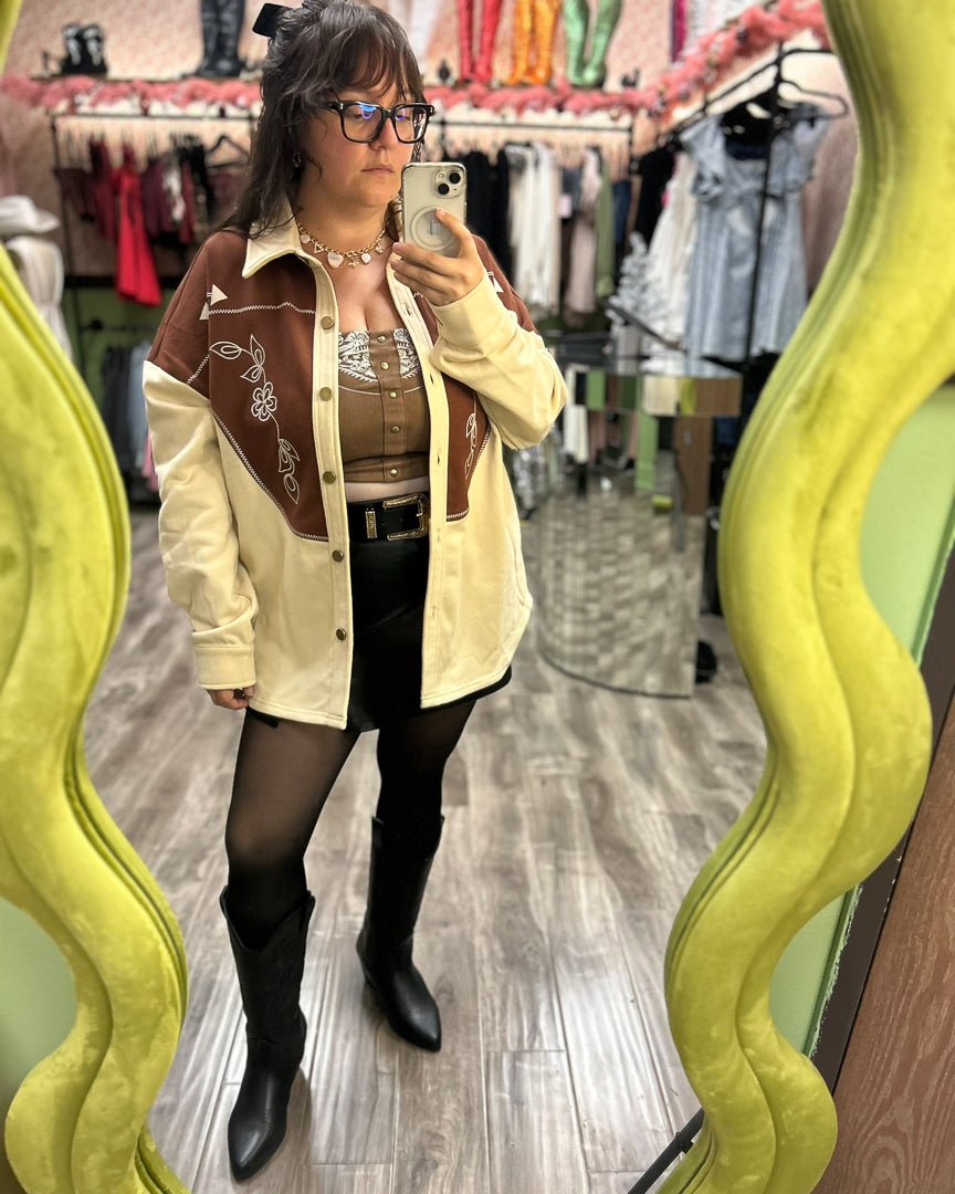 Cowpoke Taupe and Brown Fleece Terry Western Yoke Embroidered Shirt Jacket - Cindy Jane Boutique - Coats & Jackets