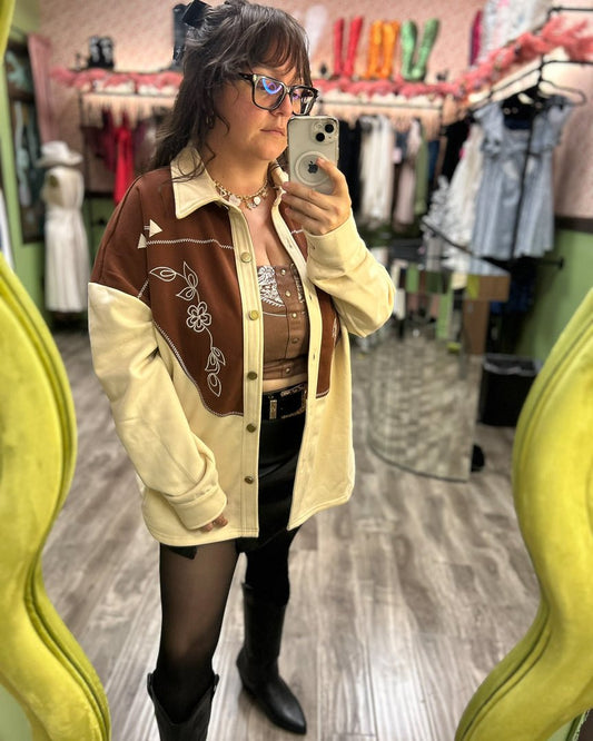 Cowpoke Taupe and Brown Fleece Terry Western Yoke Embroidered Shirt Jacket - Cindy Jane Boutique - Coats & Jackets