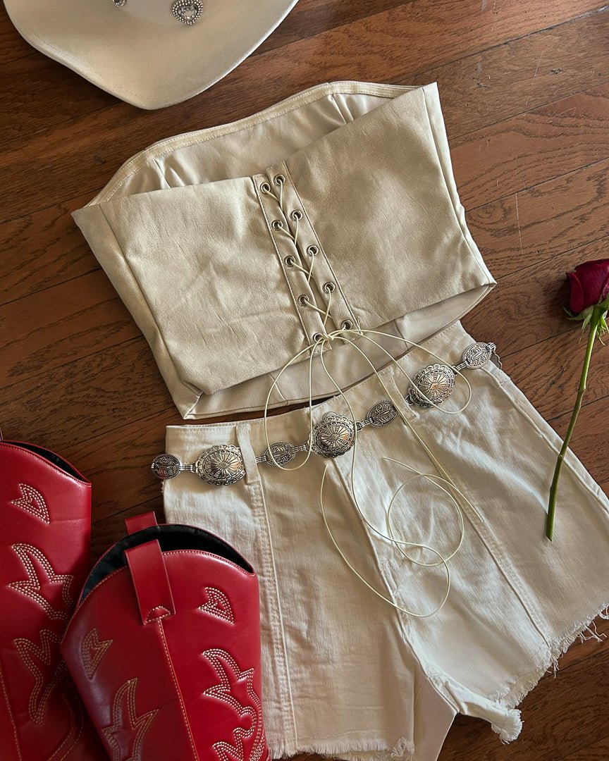 Cream Faux Leather Embroidered Western Cowboy Corset Top - Cindy Jane Boutique - Tanks, Camis & Tube Tops