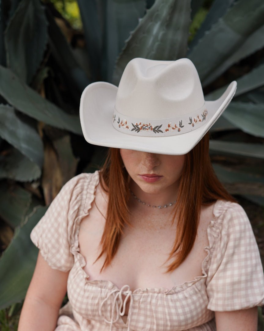 Cream Floral Embroidered Strap Cowboy Hat - Cindy Jane Boutique - Hats