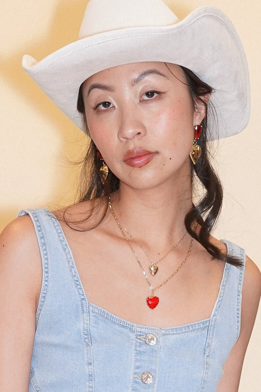 Double Or Nothing Red Crystal And Metallic Heart Pendant Necklace Set - Cindy Jane Boutique - Necklaces