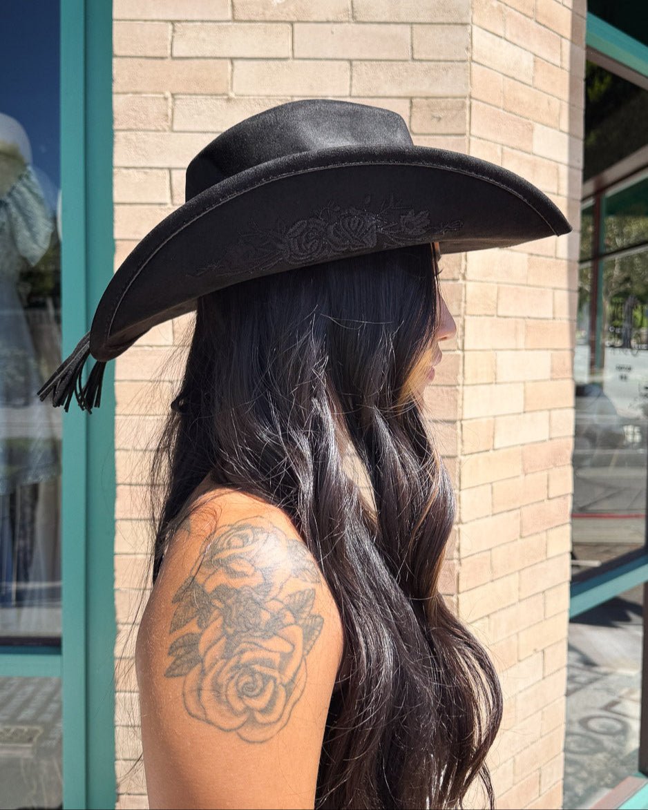 Flower Child Black Faux Suede Floral Embroidered Cowboy Hat - Cindy Jane Boutique - Hats