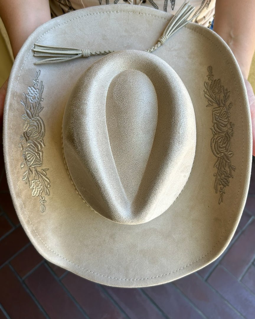 Flower Child Khaki Faux Suede Floral Embroidered Cowboy Hat - Cindy Jane Boutique - Hats
