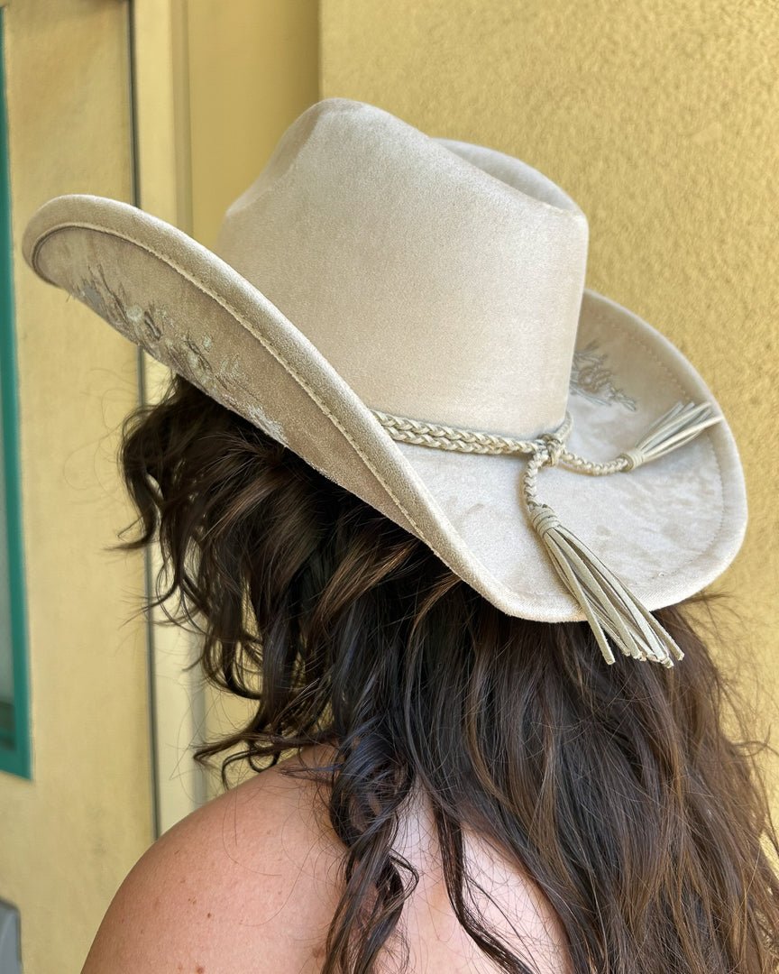 Flower Child Khaki Faux Suede Floral Embroidered Cowboy Hat - Cindy Jane Boutique - Hats